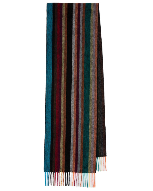 Paul Smith Allover Stripe sjaal met blauwe, bordeaux en warme strepen, volledig afgebeeld