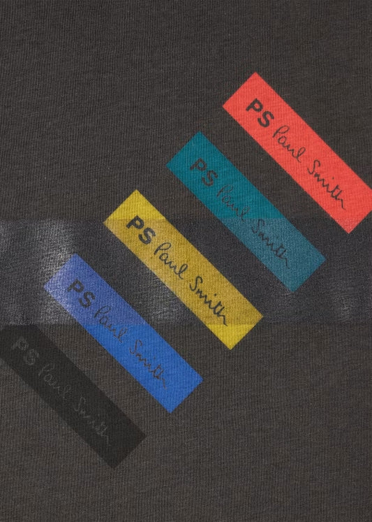 Paul Smith donkergrijs T-shirt met gekleurde Barcode-print, detail borstprint