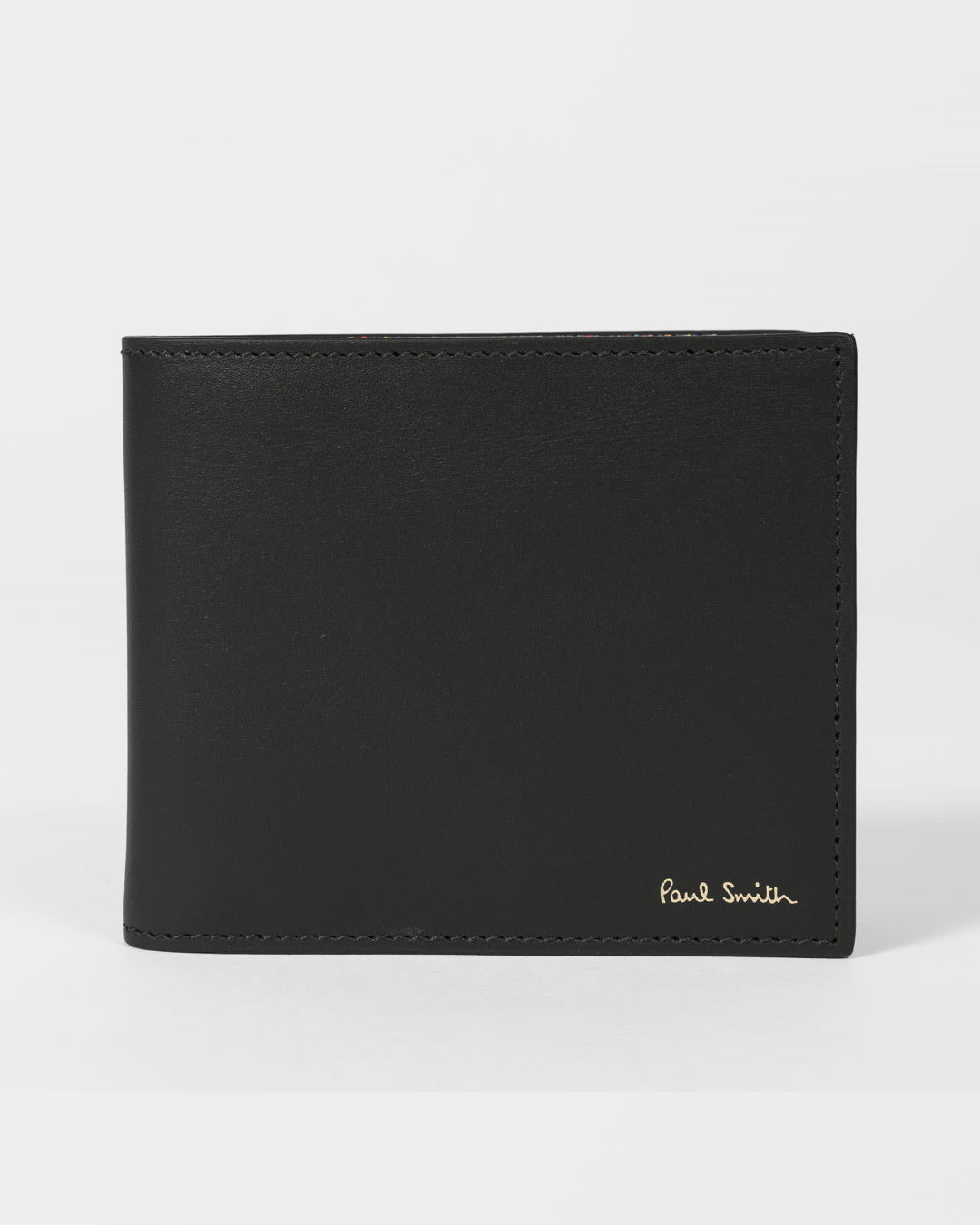 Zwarte leren Paul Smith bifold portefeuille, buitenzijde met goudkleurig logo