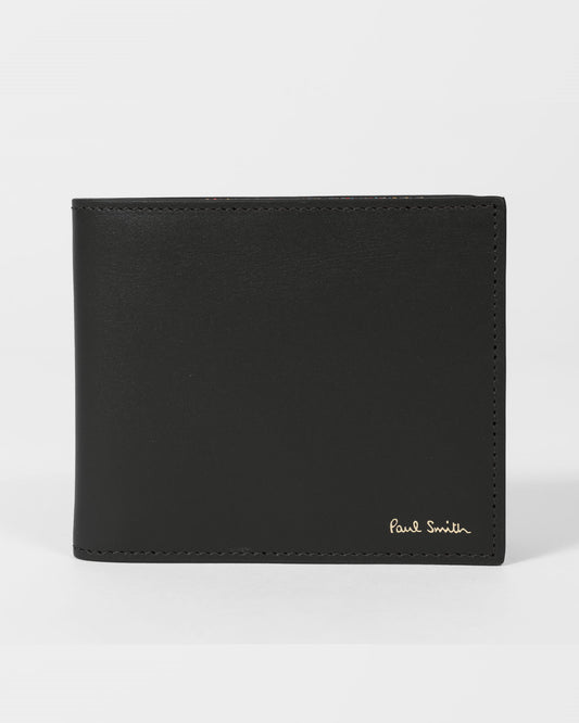 Zwarte leren Paul Smith bifold portefeuille, buitenzijde met goudkleurig logo