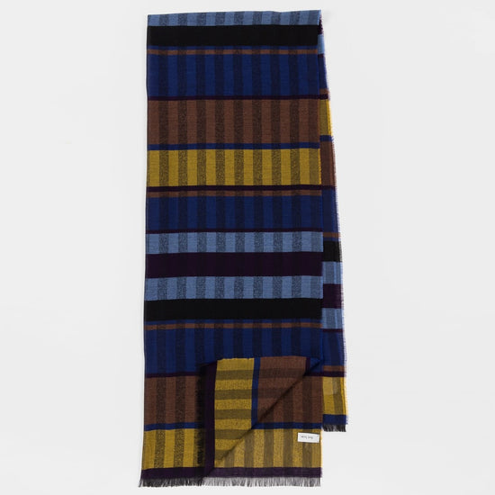 Paul Smith sjaal met blauw, zwart, bruin en geel ruit- en streeppatroon