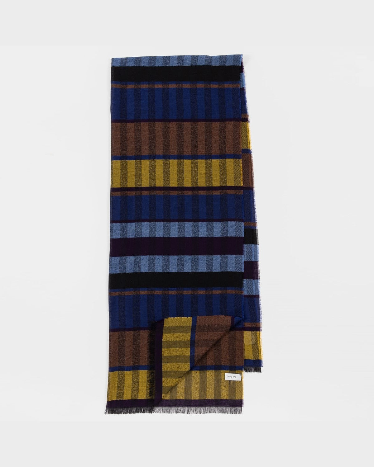 Paul Smith sjaal met blauw, zwart, bruin en geel ruit- en streeppatroon