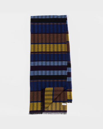 Paul Smith sjaal met blauw, zwart, bruin en geel ruit- en streeppatroon