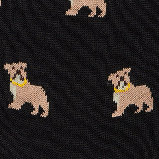 Detail van het bulldogmotief op de zwarte Paul Smith sokken