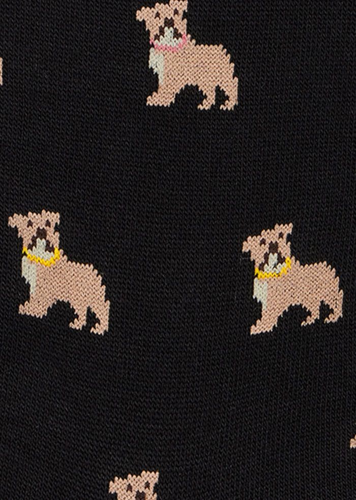Detail van het bulldogmotief op de zwarte Paul Smith sokken