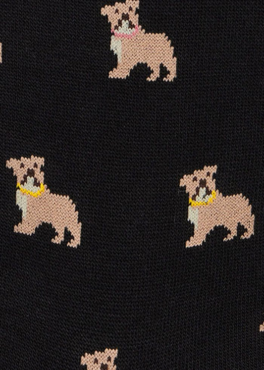 Detail van het bulldogmotief op de zwarte Paul Smith sokken