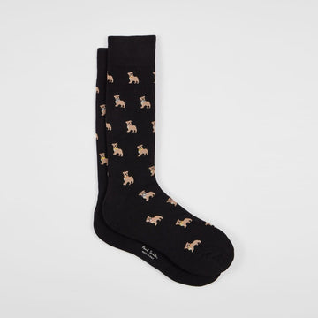 Zwarte Paul Smith sokken met herhaald bulldogmotief, als paar gefotografeerd