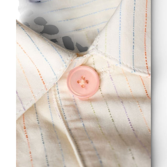 Paul Smith licht hemd met fijne multicolour strepen, detail kraag roze knoop