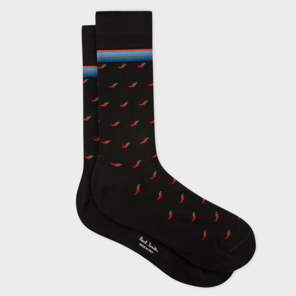 Paul Smith Chilli sokken in zwart met rood-groen chilipepermotief
