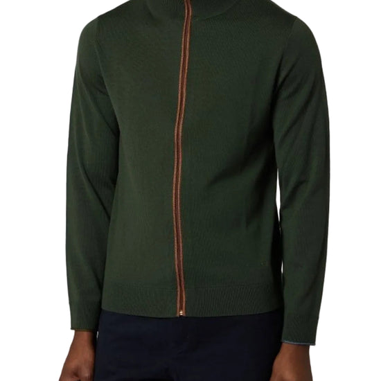 Paul Smith donkergroene merino cardigan met bruine ritsafwerking, vooraanzicht op model