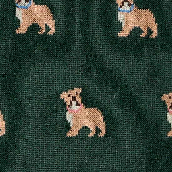 Detail van het bulldogmotief in het groene breisel van de Paul Smith Irwin Bulldog sokken