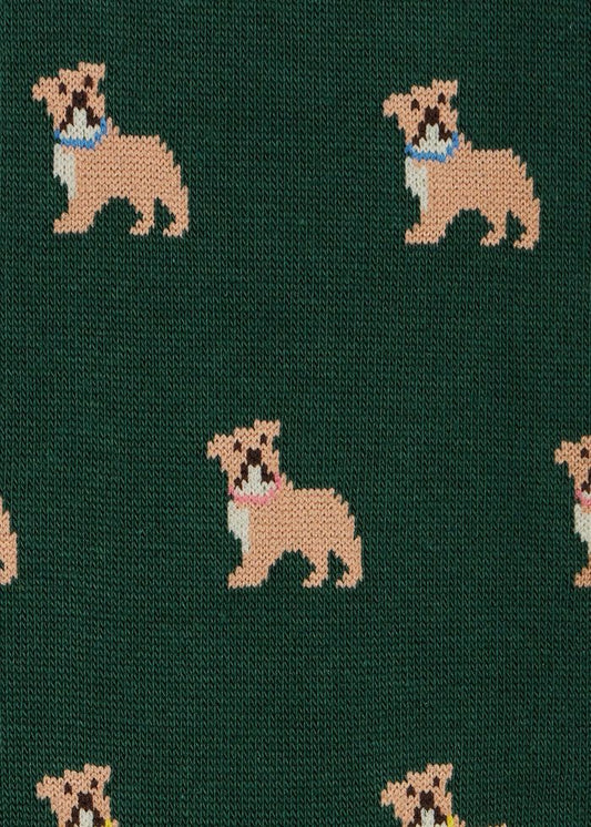 Detail van het bulldogmotief in het groene breisel van de Paul Smith Irwin Bulldog sokken