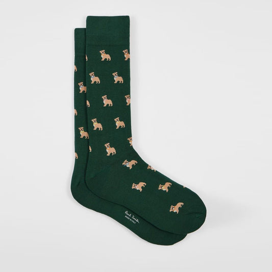 Paar groene Paul Smith Irwin Bulldog sokken met bulldogmotief en geribde boorden
