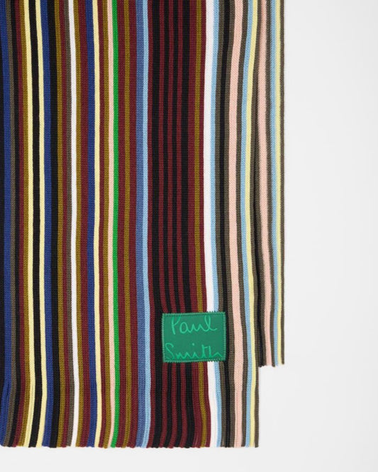 Paul Smith Iver Stripe Sjaal Blue — detail van franjes en merklabel