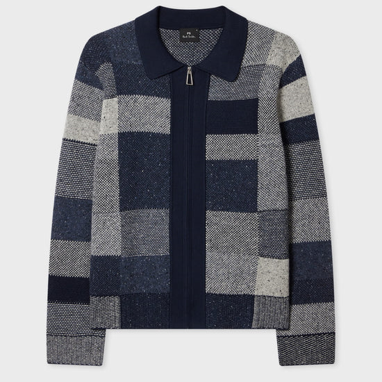 Paul Smith Navy Grey Tonal Patchwork Wool Blend Zip Through Cardigan – vooraanzicht