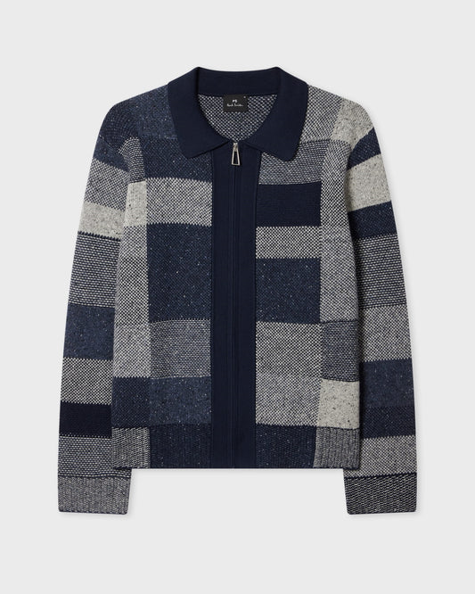Paul Smith Navy Grey Tonal Patchwork Wool Blend Zip Through Cardigan – vooraanzicht