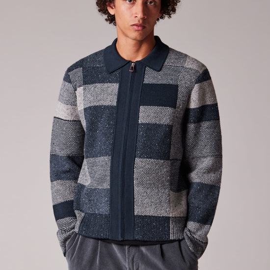 Paul Smith Navy Grey Tonal Patchwork Wool Blend Zip Through Cardigan – productbeeld 2