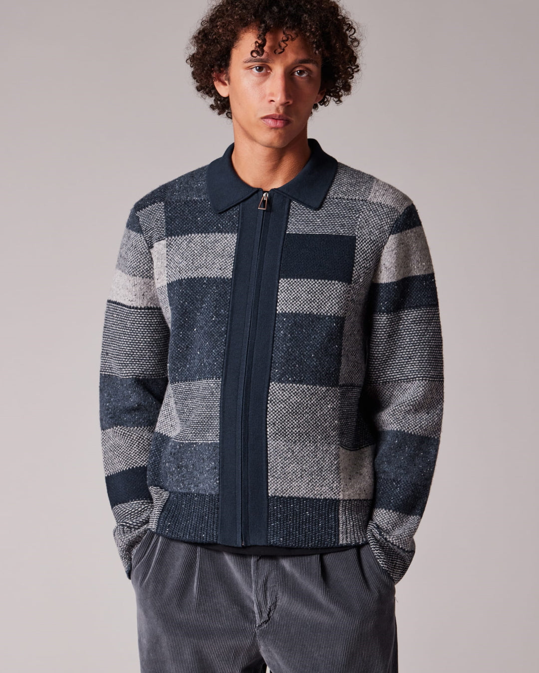 Paul Smith Navy Grey Tonal Patchwork Wool Blend Zip Through Cardigan – productbeeld 2