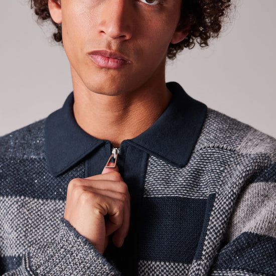 Paul Smith Navy Grey Tonal Patchwork Wool Blend Zip Through Cardigan – productbeeld 3