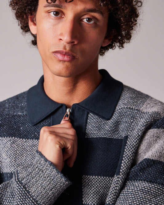 Paul Smith Navy Grey Tonal Patchwork Wool Blend Zip Through Cardigan – productbeeld 3