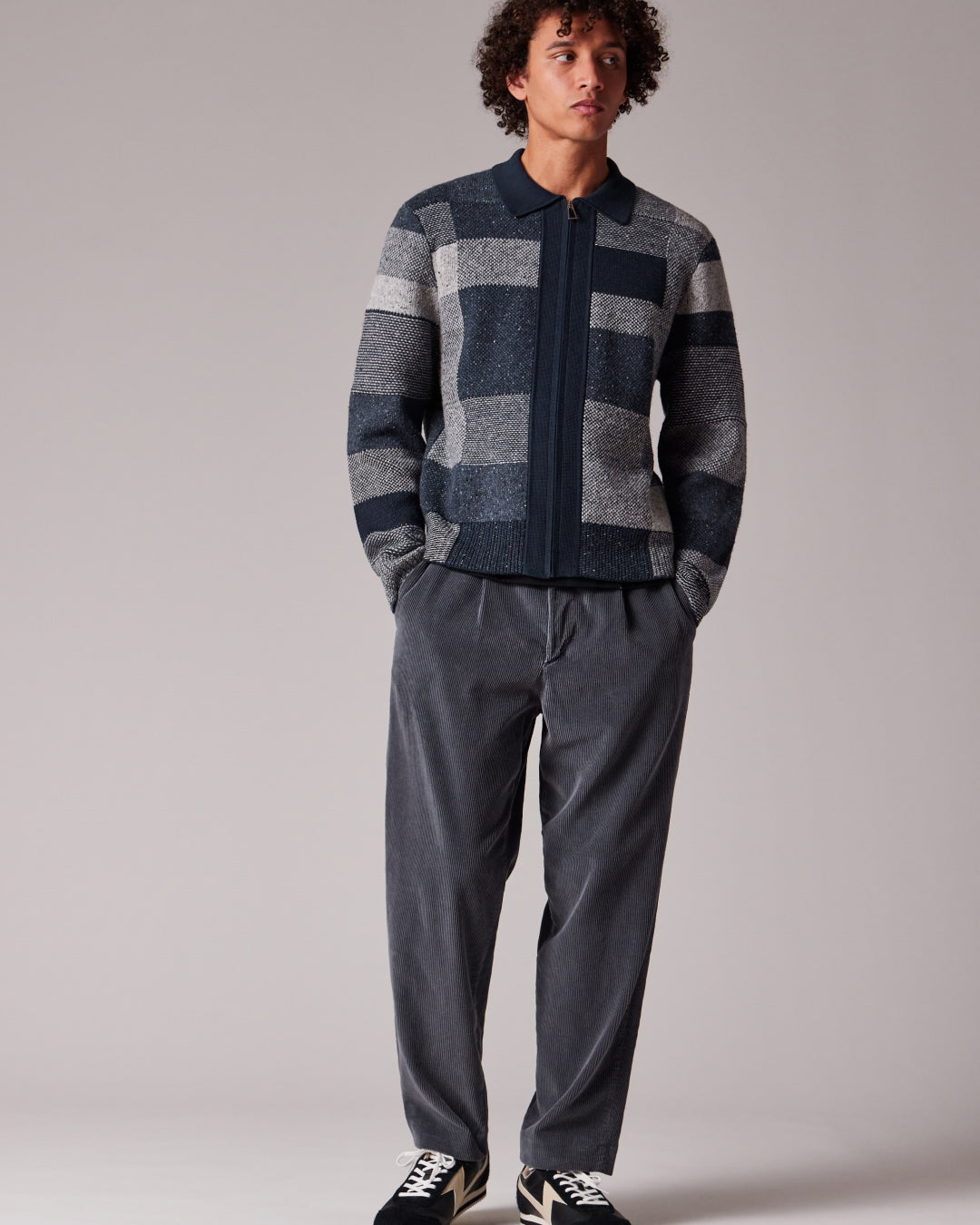 Paul Smith Navy Grey Tonal Patchwork Wool Blend Zip Through Cardigan – productbeeld 4