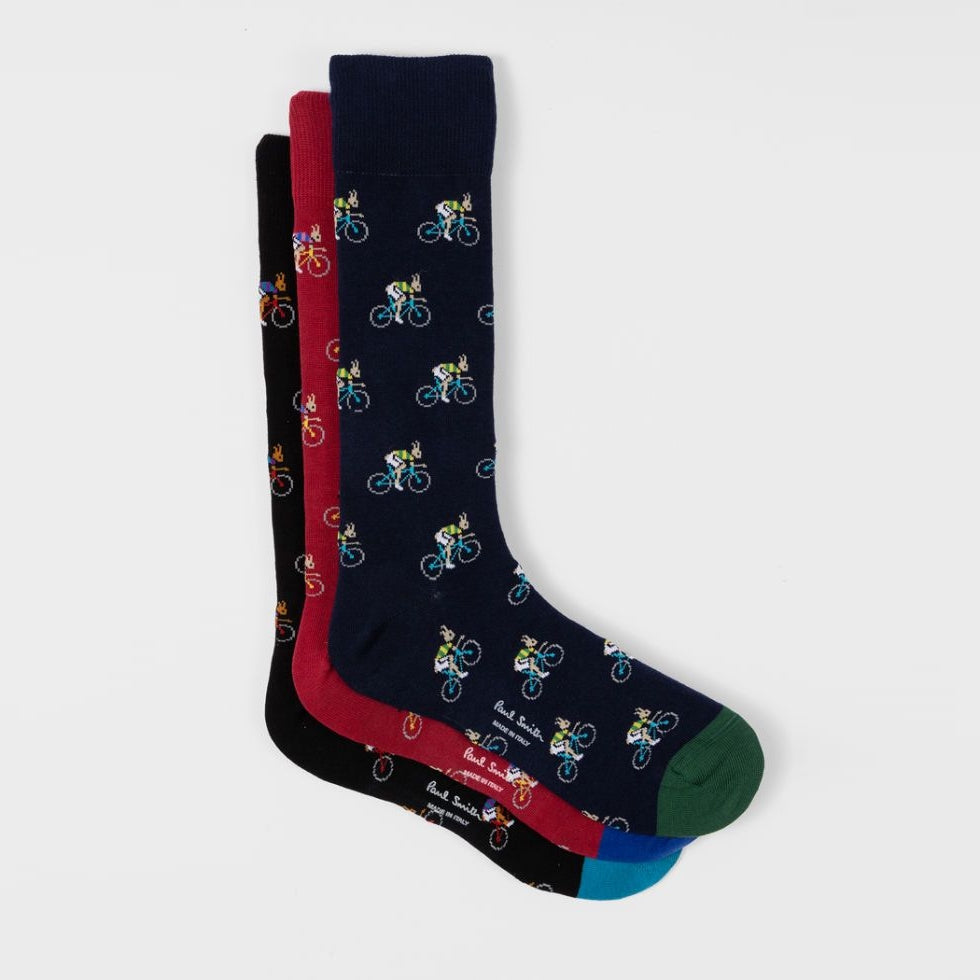 Paul Smith Rabbits sokken met fietsende konijnen, drie paar overzicht