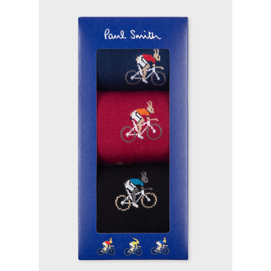 Paul Smith 3-pack sokken in navy, rood en zwart met fietsers en konijnen, in geschenkverpakking