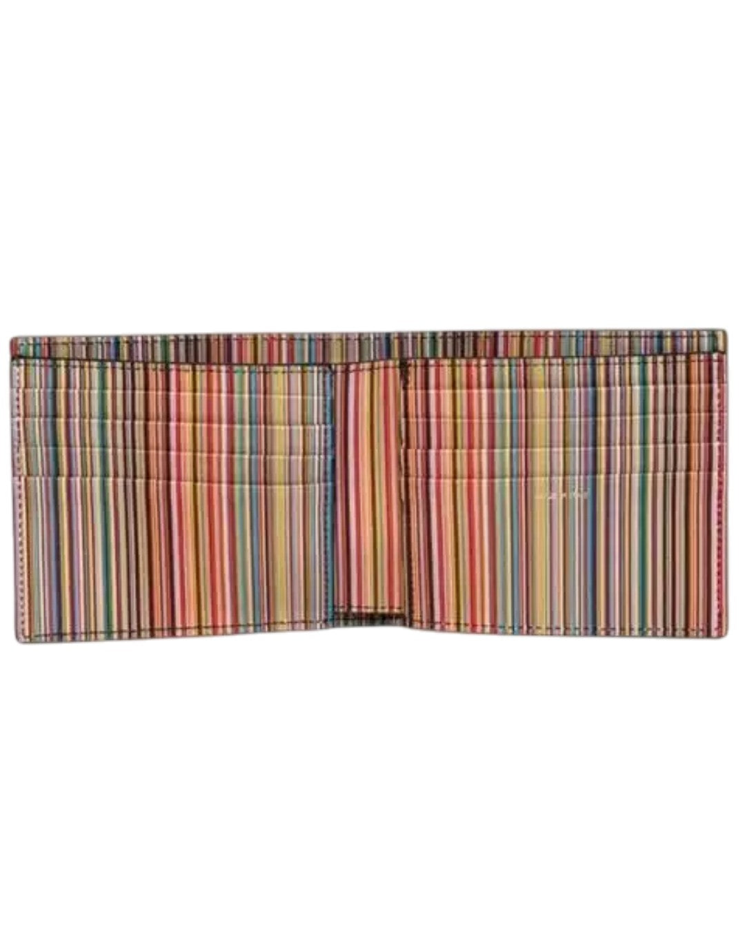 Geopende Paul Smith portefeuille met Signature Stripe en kaartvakjes aan de binnenkant