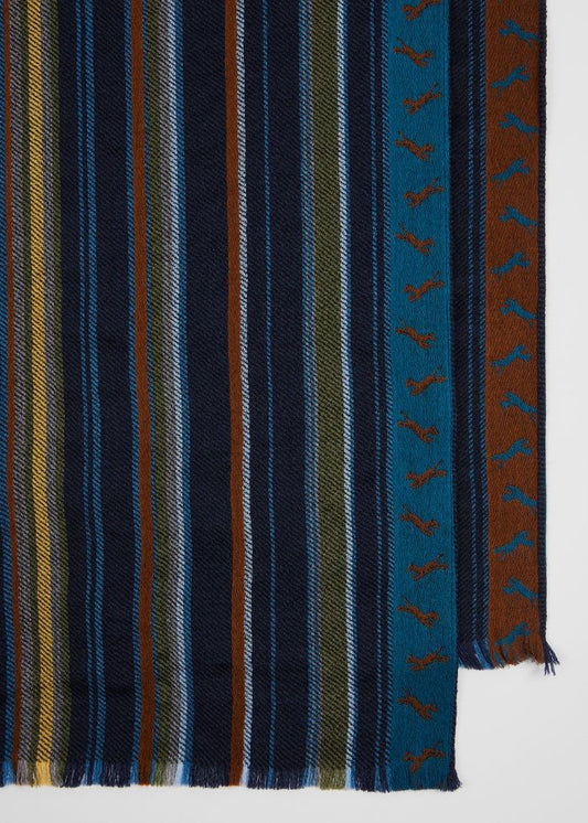 Detail van de grafische jacquardrand en franjes van de navy Paul Smith sjaal