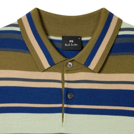 Paul Smith polo met groene en blauwe strepen, detail kraag knopen