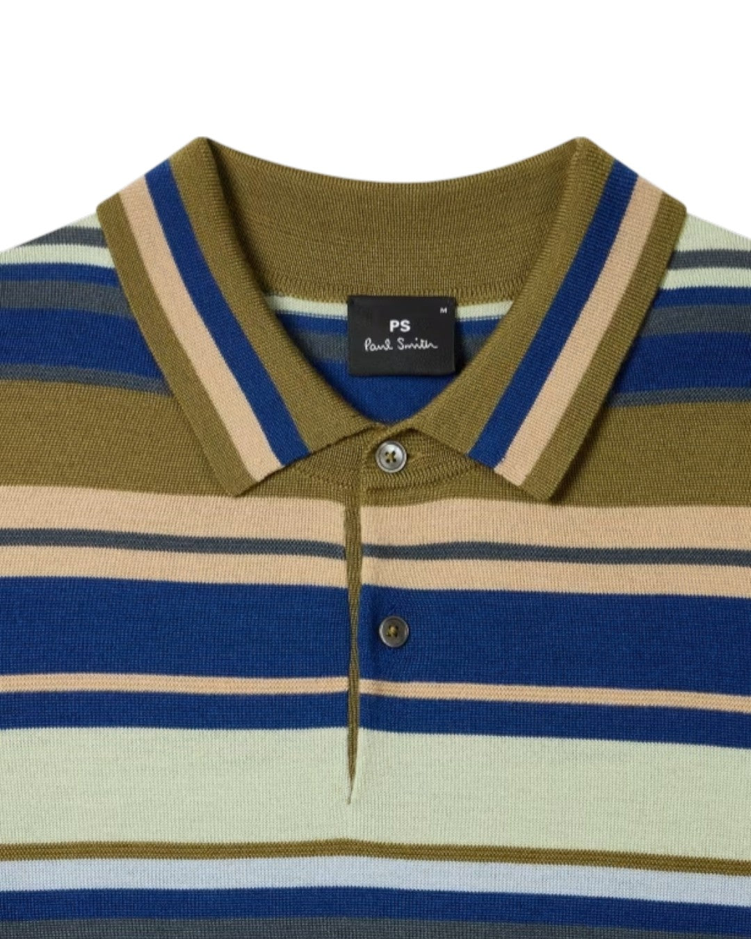 Paul Smith polo met groene en blauwe strepen, detail kraag knopen