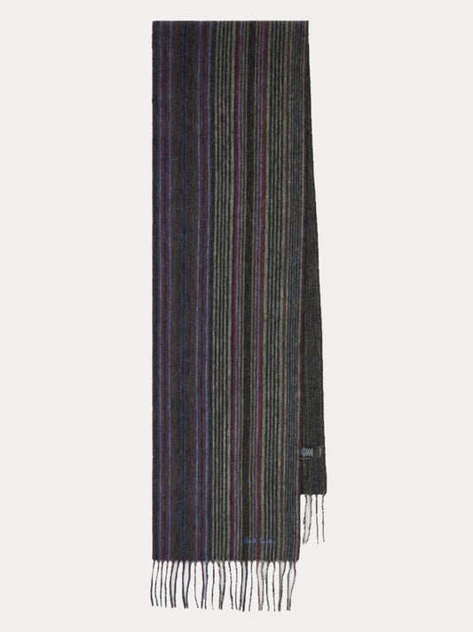 Paul Smith grijze Tonal Stripe sjaal met subtiele strepen en franjes, volledig afgebeeld