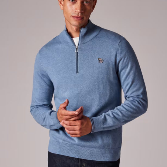 Paul Smith Zebra half-zip trui in grijsblauw, gedragen vooraanzicht