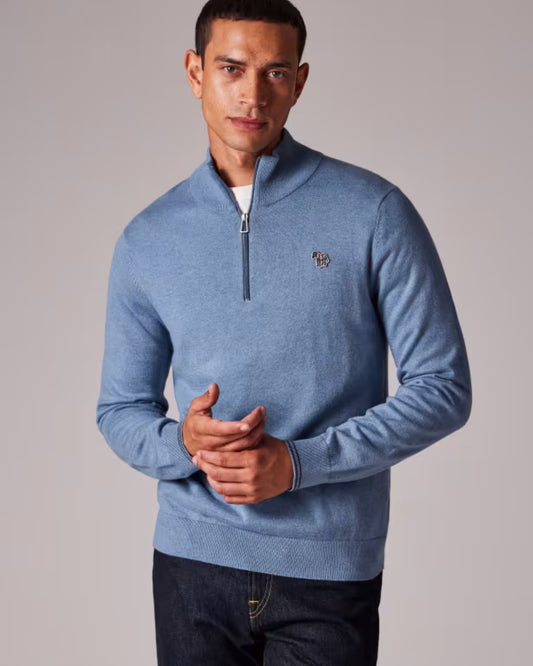 Paul Smith Zebra half-zip trui in grijsblauw, gedragen vooraanzicht