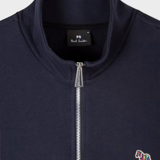 Paul Smith navy half-zip sweater met zebralogo, detail kraag