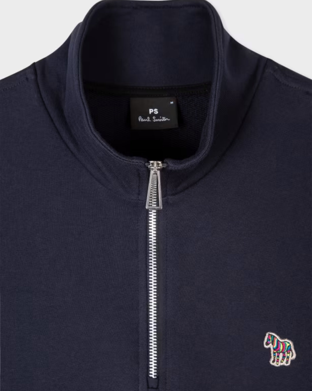 Paul Smith navy half-zip sweater met zebralogo, detail kraag