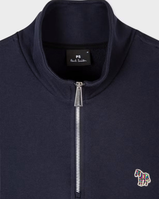 Paul Smith navy half-zip sweater met zebralogo, detail kraag