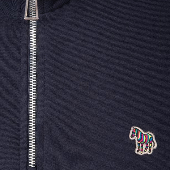Paul Smith navy half-zip sweater met zebralogo, detail rits zebralogo