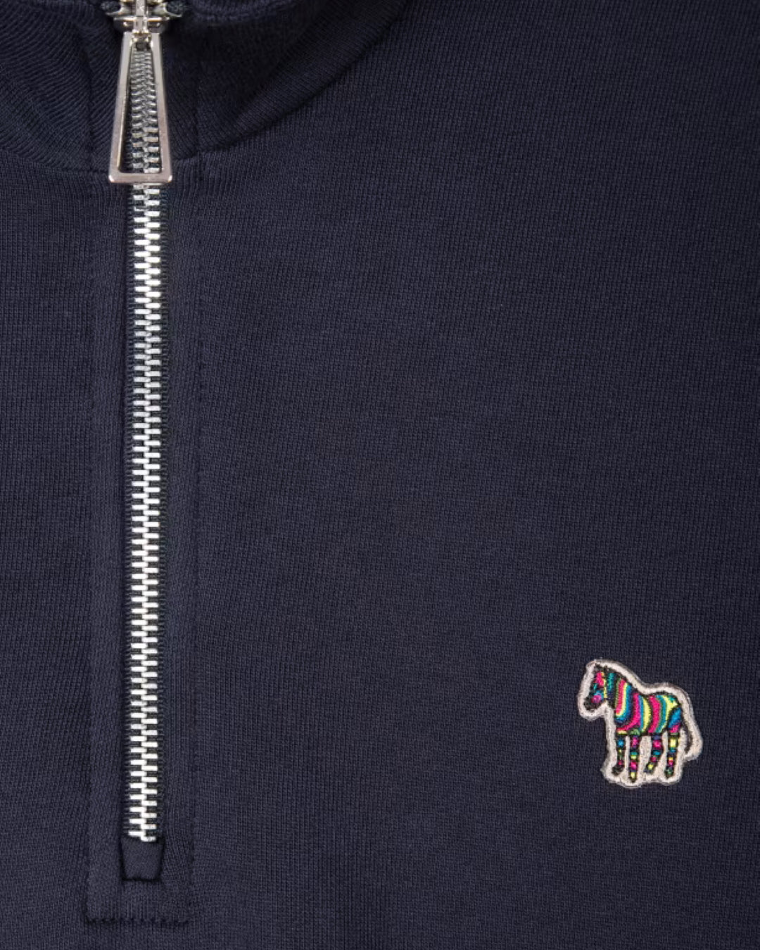 Paul Smith navy half-zip sweater met zebralogo, detail rits zebralogo