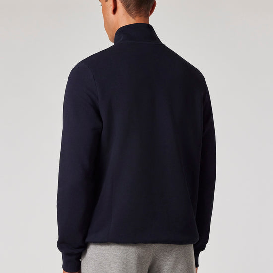 Paul Smith navy half-zip sweater met zebralogo, gedragen achteraanzicht