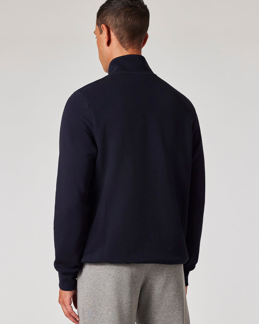 Paul Smith navy half-zip sweater met zebralogo, gedragen achteraanzicht