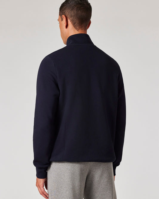 Paul Smith navy half-zip sweater met zebralogo, gedragen achteraanzicht