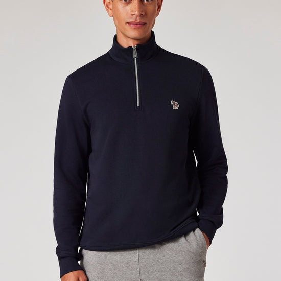 Paul Smith navy half-zip sweater met zebralogo, gedragen vooraanzicht