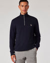 Paul Smith navy half-zip sweater met zebralogo, gedragen vooraanzicht