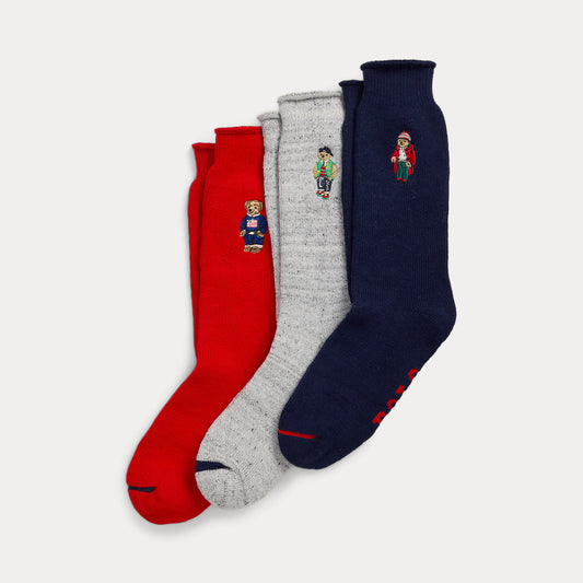 Ralph Lauren rode, grijze en navy sokken met Polo Bear, drie paar overzicht