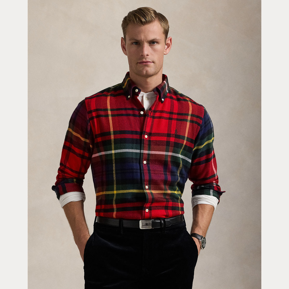 Ralph Lauren rood multicolour geruit hemd, gedragen vooraanzicht