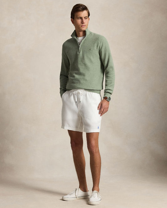 Ralph Lauren groen gemêleerde trui met korte rits, gedragen volledig vooraanzicht