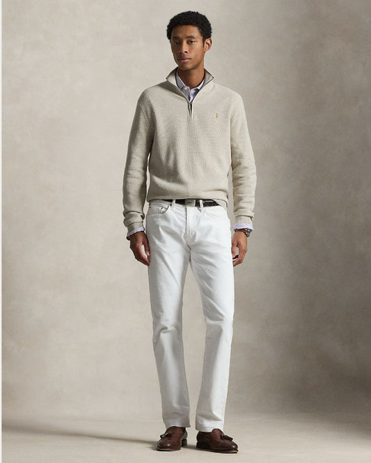 Ralph Lauren lichtbeige gemêleerde trui met korte rits, gedragen volledig vooraanzicht