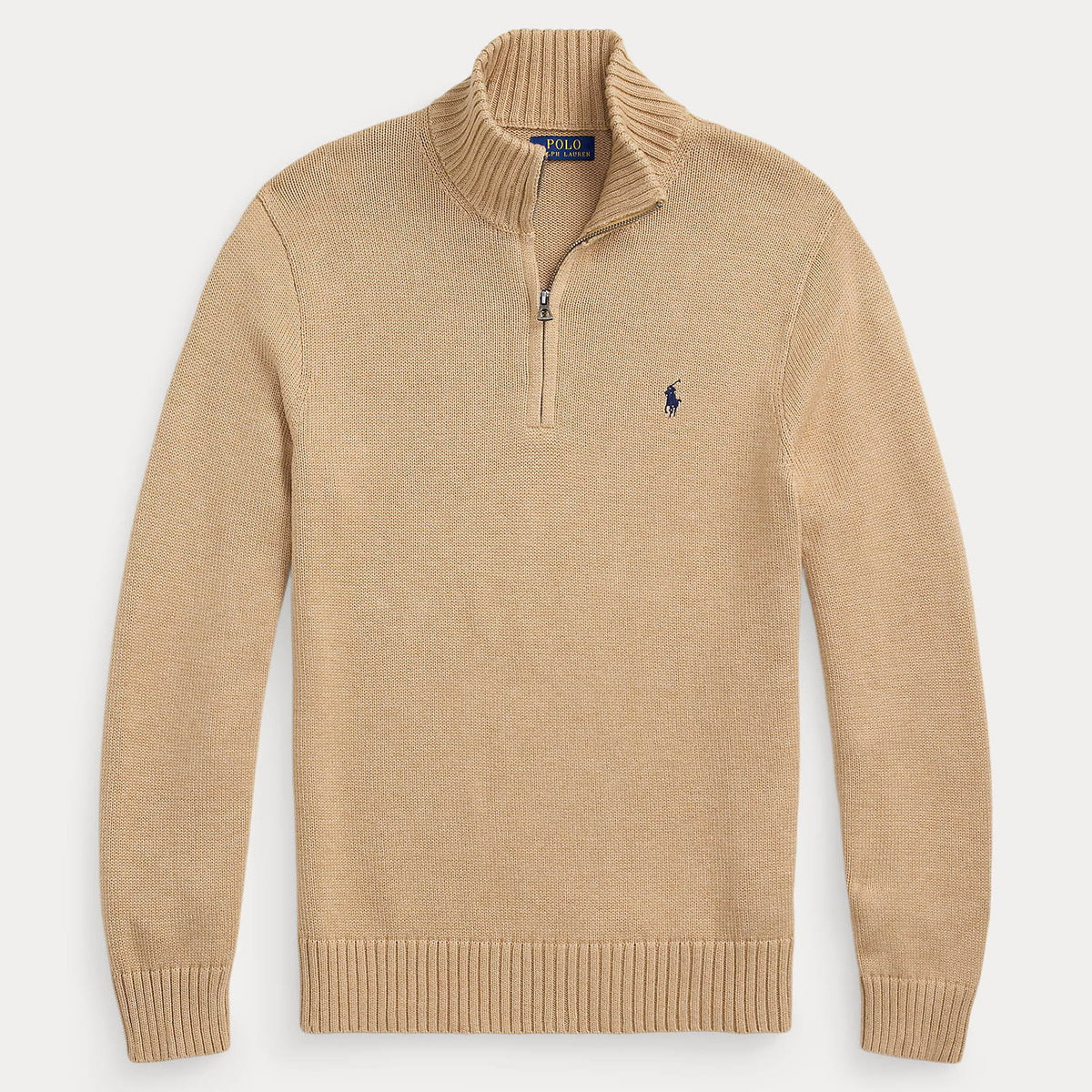 Ralph Lauren camel gemêleerde trui met korte rits, productfoto vooraanzicht