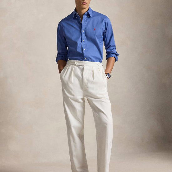 Ralph Lauren blauw hemd met rood borstlogo, gedragen volledig vooraanzicht